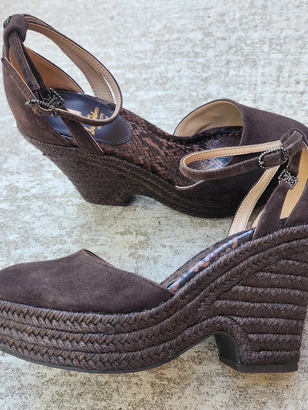 Sam Elderman Nati Platform Wedge Espadrille Ankle Strap Choc Brown Pumps, Sz 8.5